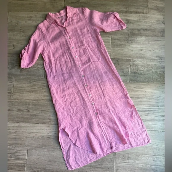 Meo Meli Pink Linen Dress Button Up Front 3/4 Adjustable Sleeve Lagenlook  SZ L - joarbit.com